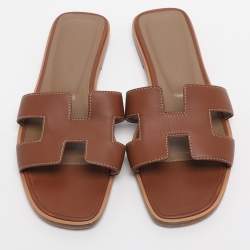 Pre Owned Hermes Oran Size 35 Brown Leather Flat Sandals
