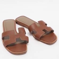 Pre Owned Hermes Oran Size 35 Brown Leather Flat Sandals
