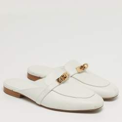 مملوكة مسبقًا Hermes Oz Size 36 White Leather Palladium Plated Mules