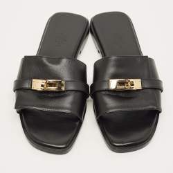 مملوكة مسبقًا Hermes Giulia Size 37 Black Leather Flat Slide