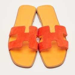 مملوكة مسبقًا صندل هيرمس أوران لورييه جلد وزود أزرق/أخضر مقاس 36.5