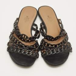 Pre Owned Hermes D'ancre Chaine Size 35.5 Black Leather Flat Slide