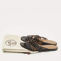 Pre Owned Hermes D'ancre Chaine Size 35.5 Black Leather Flat Slide