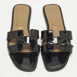 Pre Owned Hermes Oran Size 41 Black Patent Leather Flat Slides