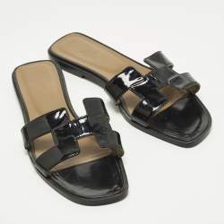 Pre Owned Hermes Oran Size 41 Black Patent Leather Flat Slides