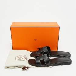 Pre Owned حذاء سلايد هيرمس أوران مسطح جلد أسود مقاس 37