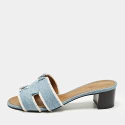Pre Owned Hermes Oasis Size 36.5 Blue Denim Slide Sandals