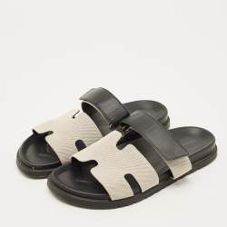 Pre Owned Hermes Chypre Size 42.5 Black/White Canvas and Leather Flat Sandals