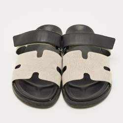 Pre Owned Hermes Chypre Size 42.5 Black/White Canvas and Leather Flat Sandals