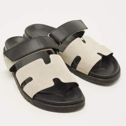 Pre Owned Hermes Chypre Size 42.5 Black/White Canvas and Leather Flat Sandals