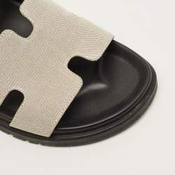 Pre Owned Hermes Chypre Size 42.5 Black/White Canvas and Leather Flat Sandals
