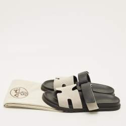 Pre Owned Hermes Chypre Size 42.5 Black/White Canvas and Leather Flat Sandals