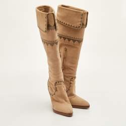 Pre Owned Hermes Size 36.5 Beige Nubuck Leather Embroidered Knee Length Boots