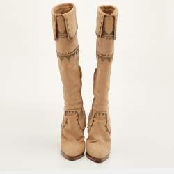 Pre Owned Hermes Size 36.5 Beige Nubuck Leather Embroidered Knee Length Boots