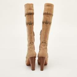 Pre Owned Hermes Size 36.5 Beige Nubuck Leather Embroidered Knee Length Boots