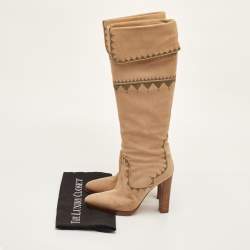 Pre Owned Hermes Size 36.5 Beige Nubuck Leather Embroidered Knee Length Boots