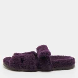 Pre Owned Hermes Chypre Size 42 Purple Shearling Fur Flat Slide