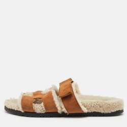 Pre Owned Hermes Chypre Size 39 Brown Suede and Shearling Fur Flat Sandals