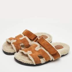 Pre Owned Hermes Chypre Size 39 Brown Suede and Shearling Fur Flat Sandals