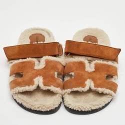 Pre Owned Hermes Chypre Size 39 Brown Suede and Shearling Fur Flat Sandals