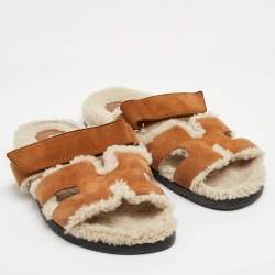 Pre Owned Hermes Chypre Size 39 Brown Suede and Shearling Fur Flat Sandals
