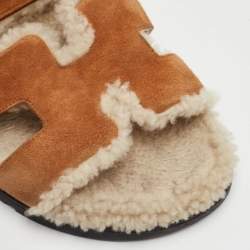Pre Owned Hermes Chypre Size 39 Brown Suede and Shearling Fur Flat Sandals