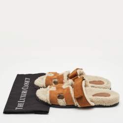 Pre Owned Hermes Chypre Size 39 Brown Suede and Shearling Fur Flat Sandals