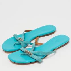 مملوكة مسبقًا Hermes Corfu Size 38 Blue Suede Thong Flatsb Slide 