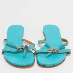 مملوكة مسبقًا Hermes Corfu Size 38 Blue Suede Thong Flatsb Slide 