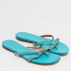 مملوكة مسبقًا Hermes Corfu Size 38 Blue Suede Thong Flatsb Slide 