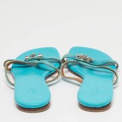 مملوكة مسبقًا Hermes Corfu Size 38 Blue Suede Thong Flatsb Slide 