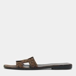 Pre Owned Hermes Oran Size 39 Brown/Black Leopard Print Suede Flat Slide