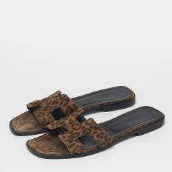 Pre Owned Hermes Oran Size 39 Brown/Black Leopard Print Suede Flat Slide