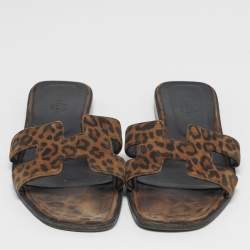 Pre Owned Hermes Oran Size 39 Brown/Black Leopard Print Suede Flat Slide