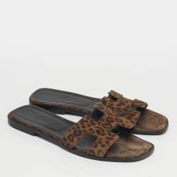 Pre Owned Hermes Oran Size 39 Brown/Black Leopard Print Suede Flat Slide