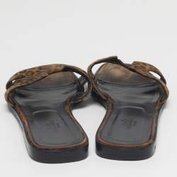 Pre Owned Hermes Oran Size 39 Brown/Black Leopard Print Suede Flat Slide