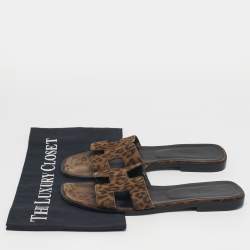 Pre Owned Hermes Oran Size 39 Brown/Black Leopard Print Suede Flat Slide