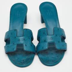 Pre Owned صندل سلايد هيرمس أوز جلد نعامة أزرق مقاس 37