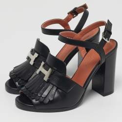 مملوكة مسبقًا صندل هيرمس آنجو بكعب عريض من جلد الغزال الأسود مع حزام للكاحل ومقاس 40