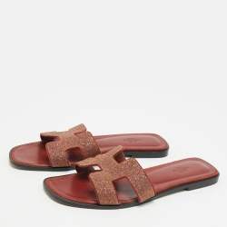 Pre Owned Hermes Oran Size 40 Burgundy Texture Suede Flat Slide