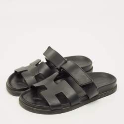 Pre Owned Hermes Chypre Size 38 Black Leather Slide Sandals