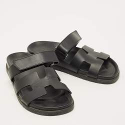Pre Owned Hermes Chypre Size 38 Black Leather Slide Sandals