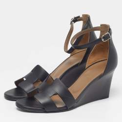 Pre Owned Hermes Legend Size 37.5 Black Leather Wedge Ankle Strap Sandals