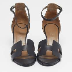 Pre Owned Hermes Legend Size 37.5 Black Leather Wedge Ankle Strap Sandals