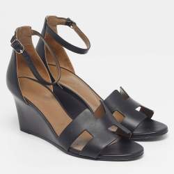 Pre Owned Hermes Legend Size 37.5 Black Leather Wedge Ankle Strap Sandals