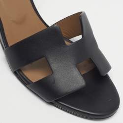 Pre Owned Hermes Legend Size 37.5 Black Leather Wedge Ankle Strap Sandals