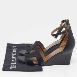 Pre Owned Hermes Legend Size 37.5 Black Leather Wedge Ankle Strap Sandals