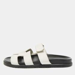 Pre Owned Hermes Chypre Size 41.5 White Leather Flat Sandals