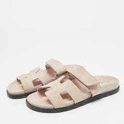 Pre Owned Hermes Chypre Size 37 Beige Suede Flat Slide