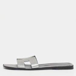 Pre Owned Hermes Oran Size 41 Silver Leather Flat Slide